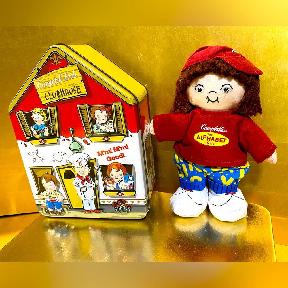 CAMPBELLS SOUP VTG 1997 CAMPBELL KIDS CLUBHOUSE TIN THE TIN BOX CO & CLOTH DOLL